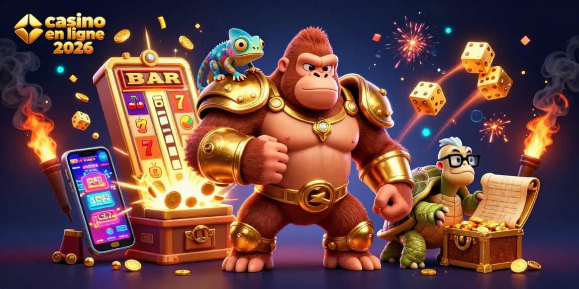 Illustration captivante d'un roi gorille puissant au casino en ligne 2026, entouré de jackpots et de trésors.