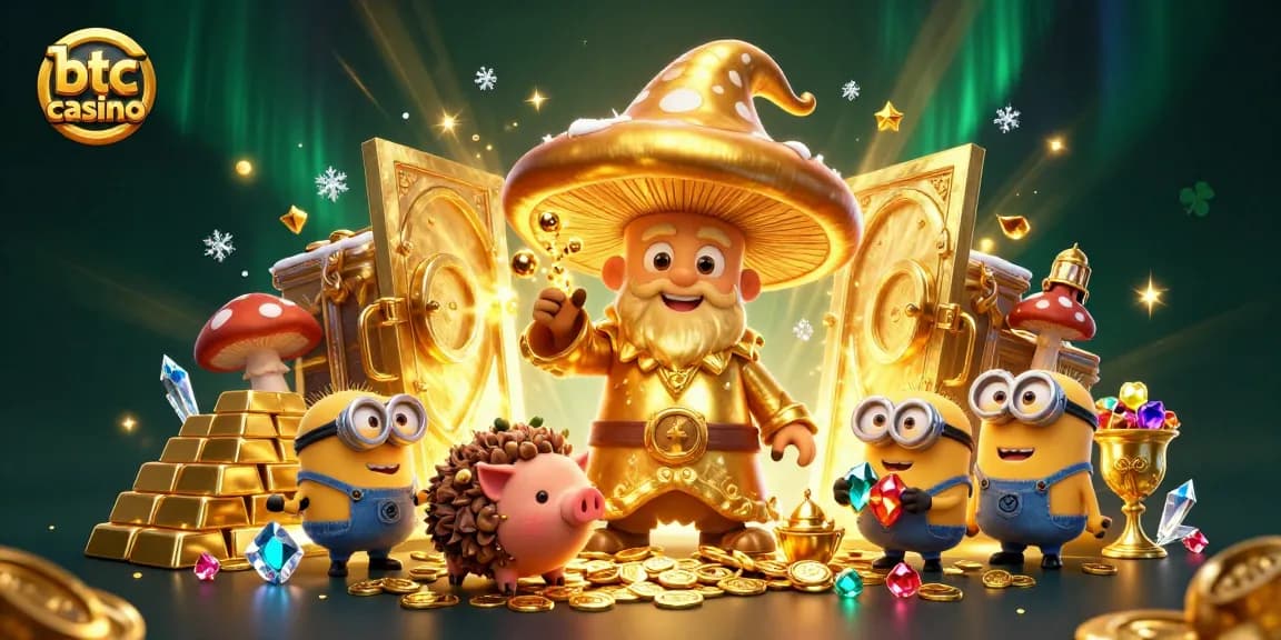 Giocatori incantati esplorano un btc casino, tra tesori e magia dorata, in un'illustrazione 3D vivace.