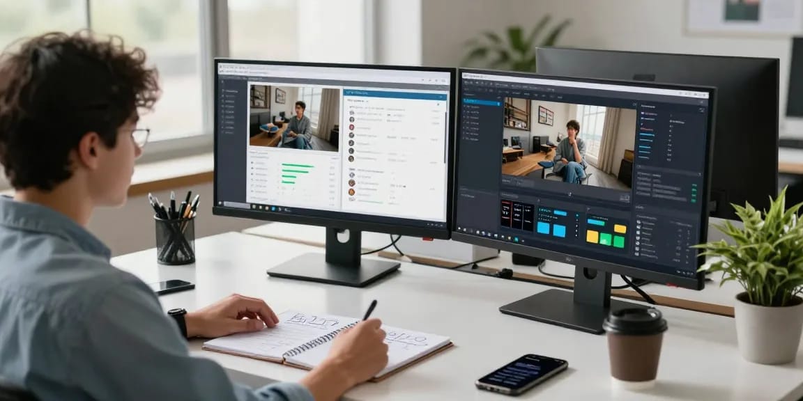 AI image detector interface in a modern workspace with dual monitors and natural light.