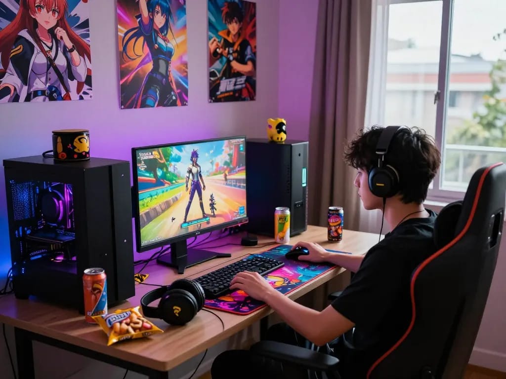 Engaging gamer playing a hentai game in a cozy room with LED lights