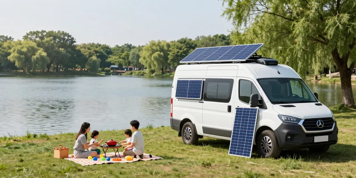 Flexible solar panel charging devices in a family-friendly lakeside setting.