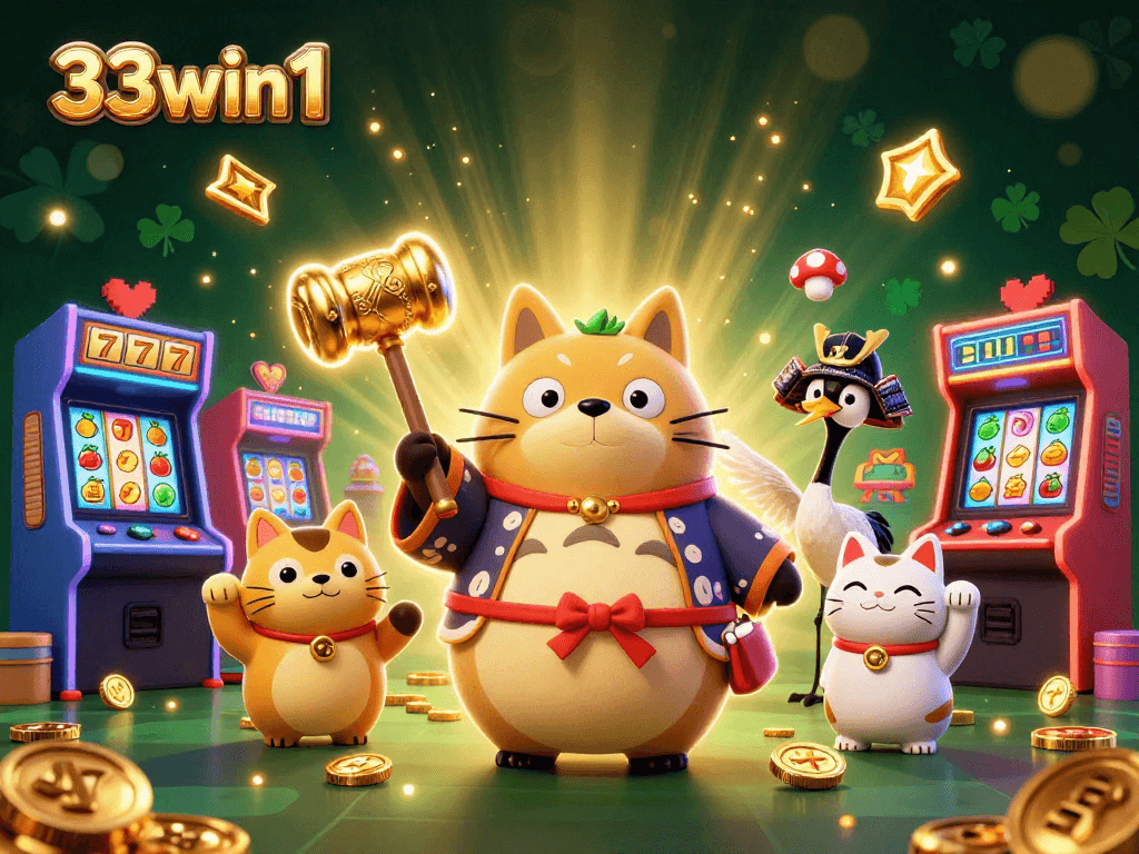 Join the thrilling fun of 33win1 with happy tanuki celebrating the casino jackpot!