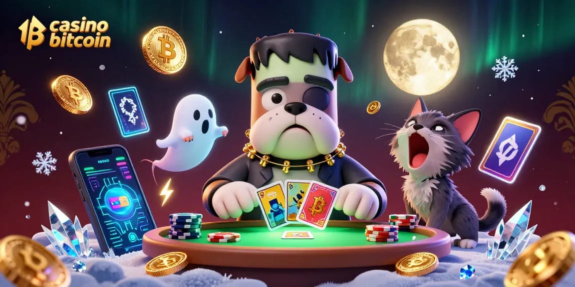 Gioca nel casino bitcoin con un bulldog Frankenstein, gatti e monete luminose.