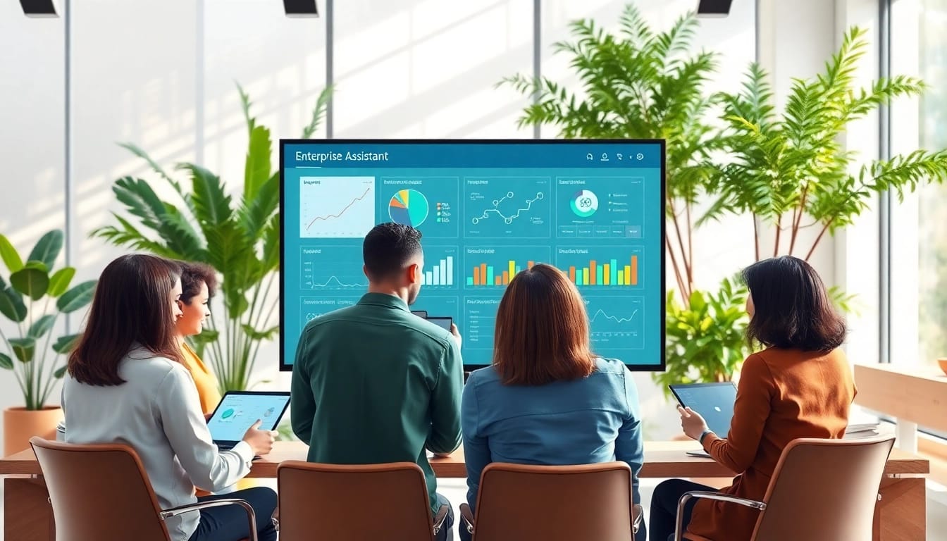 Team collaborating using enterprise assistant saas in a modern office.