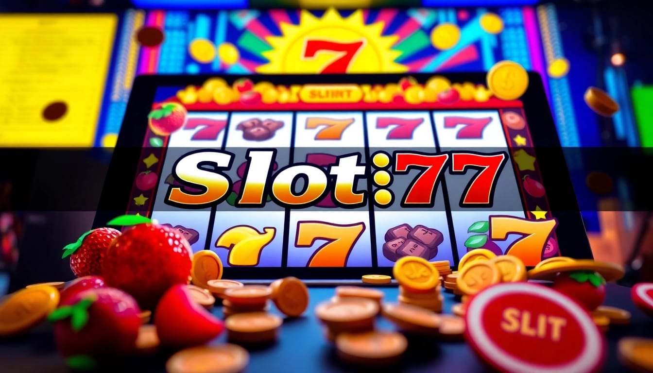Slot77 menghadirkan permainan slot online yang menarik dengan simbol cerah dan latar belakang digital.