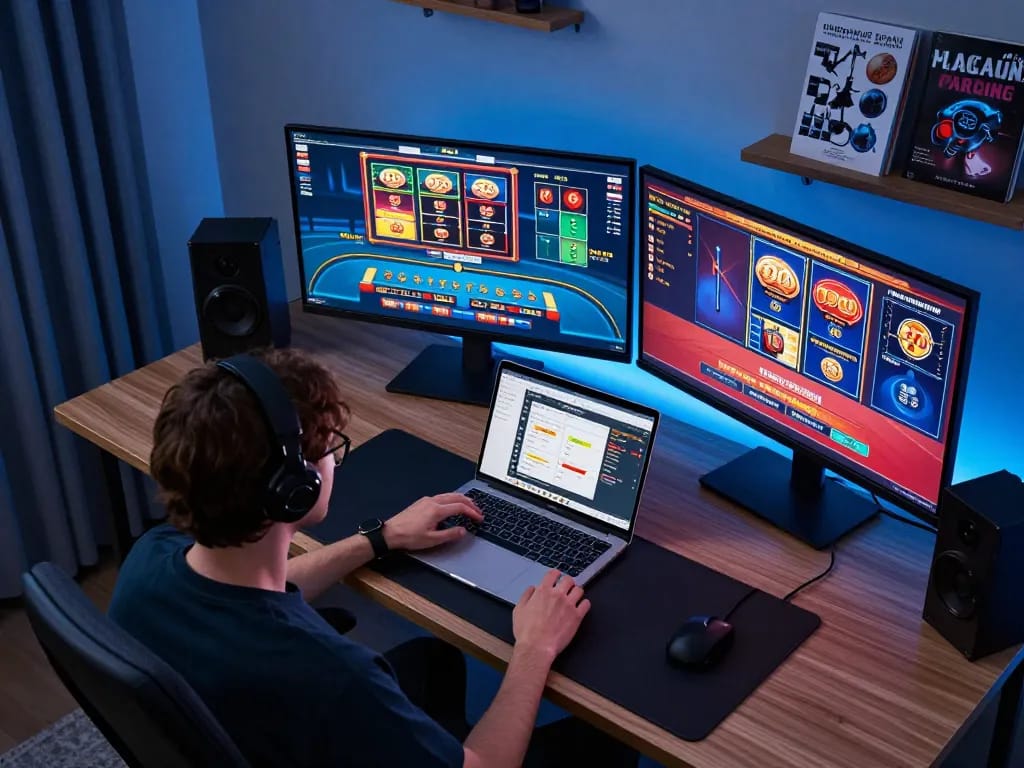 Person strategizing while playing at casino non aams legali online with multiple screens visible