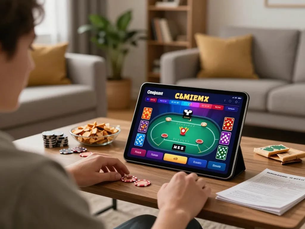 Person playing on casino online esteri app in cozy home setting with snacks and gaming notes.