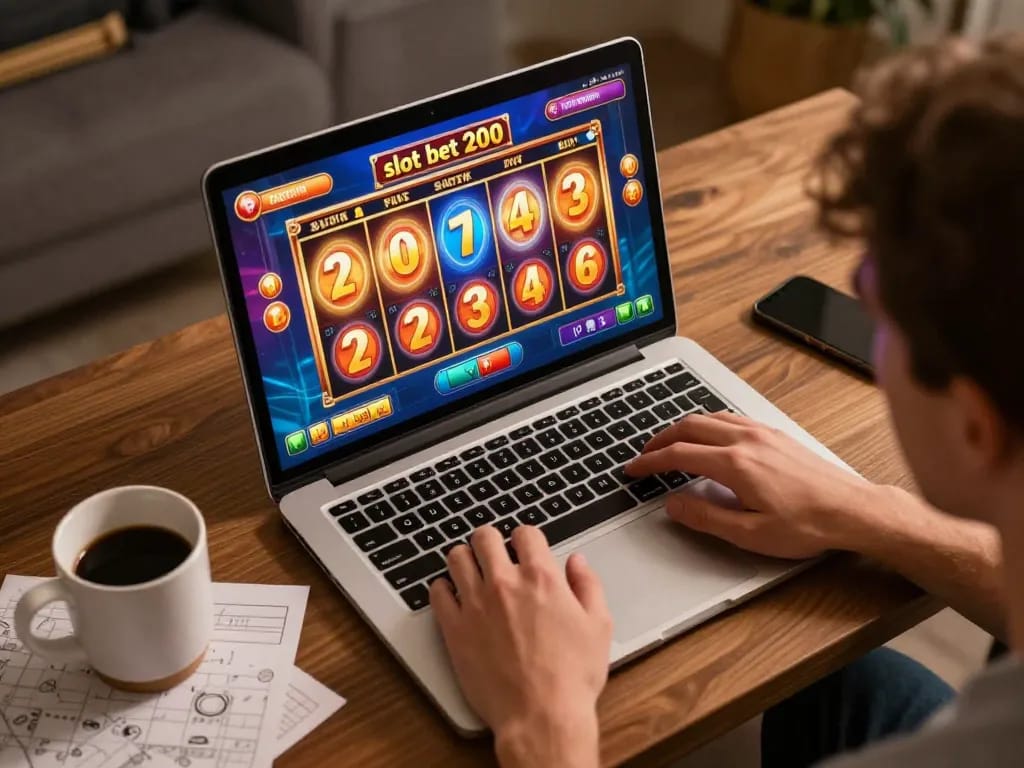 Engaged player enjoying slot bet 200 gaming in a cozy online setup.