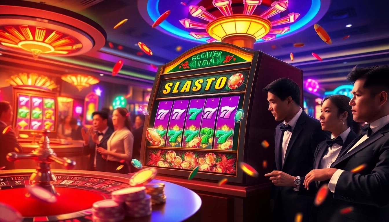 Engaged players enjoying a vibrant slot demo scatter hitam game in a luxurious casino setting.