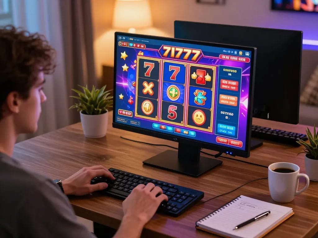 Playing slot777 game on a computer at home, showcasing engaging gaming atmosphere.