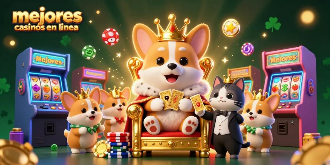 Disfruta de los mejores casinos en línea con una ilustración de un corgi real en un trono de fichas de póker.