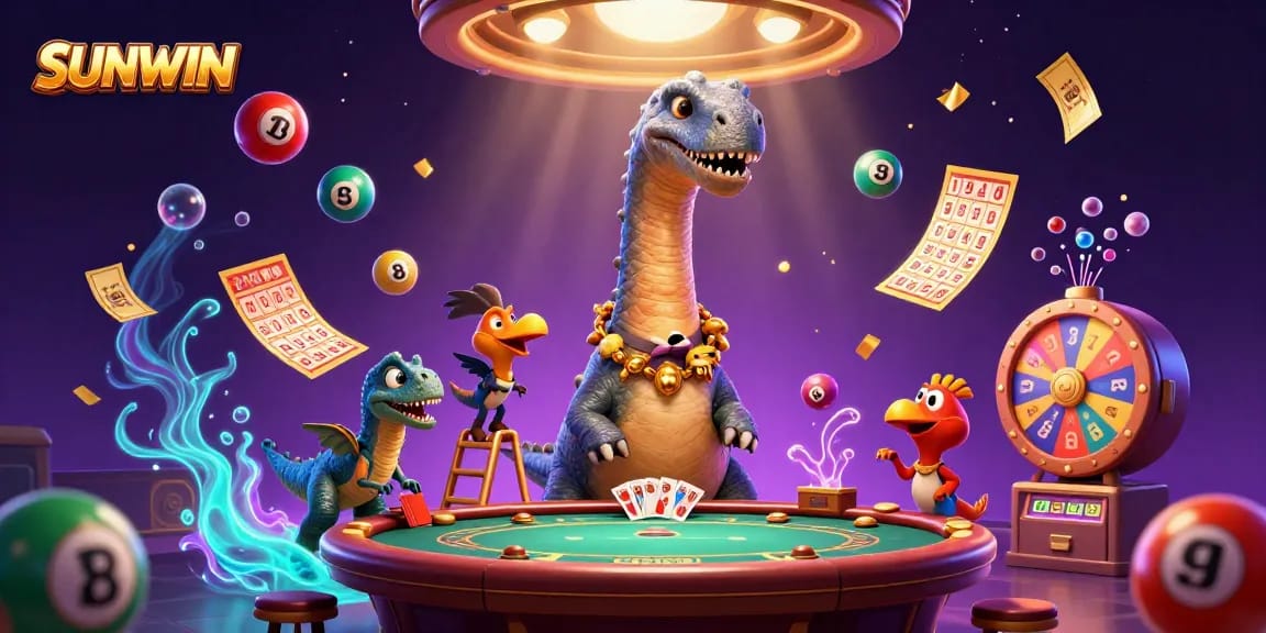 SUNWIN delivers exciting online gaming with a playful brontosaurus and raptor dealer in a vibrant casino scene.