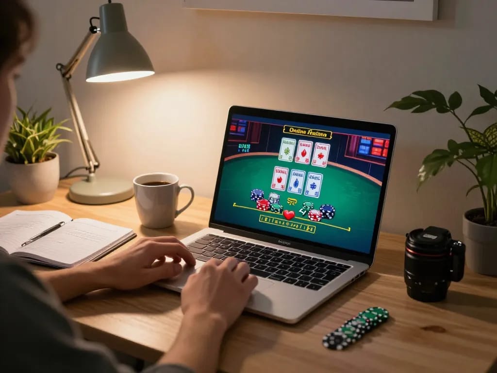 Person engaging with Canada online casinos reddit on a laptop with a live dealer game visible
