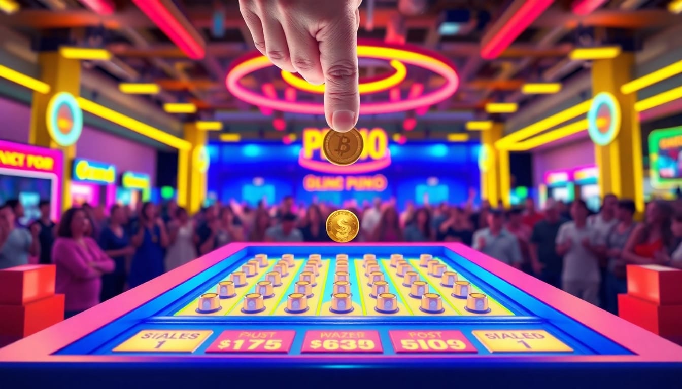 Permainan demo plinko yang menarik dengan token dijatuhkan ke papan berwarna-warni.