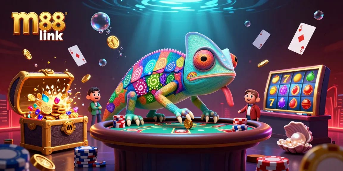 Win big with m88 link as the cartoon chameleon casino owner snaps up coins in a vibrant gambling scene.
