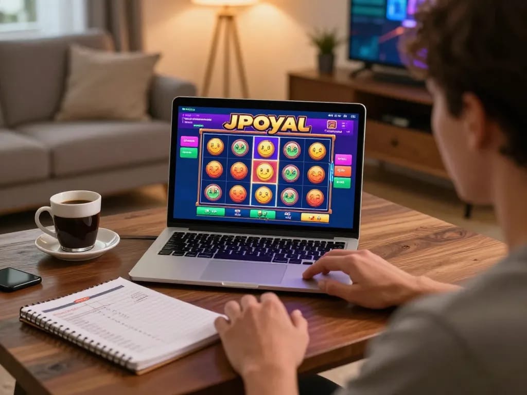 Person immersing in jproyal slot game experience on laptop, blending comfort and strategy in home gaming.