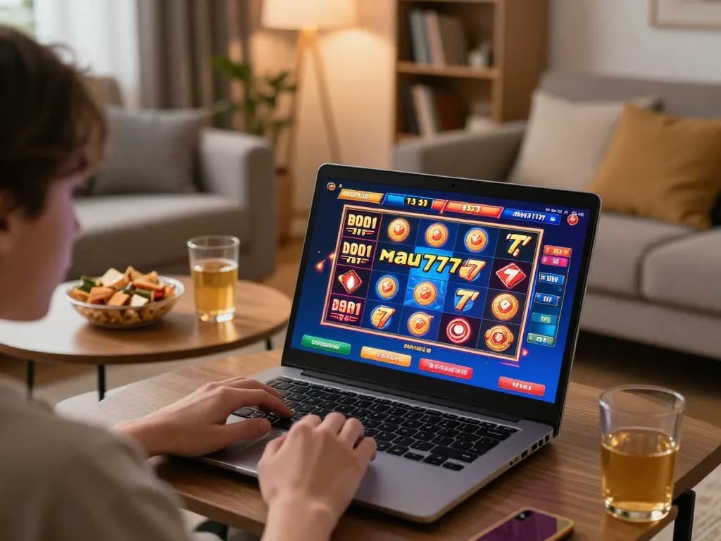 Player immersed in mau777 slot gameplay on laptop, surrounded by cozy home environment.