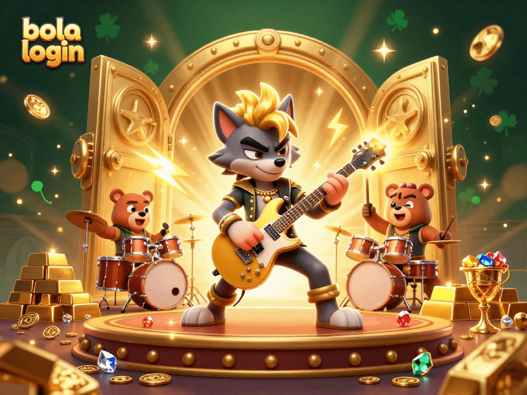 Experience the thrill of 'bola login' with a vibrant casino scene featuring an electric rock star wolf and a bear drummer.