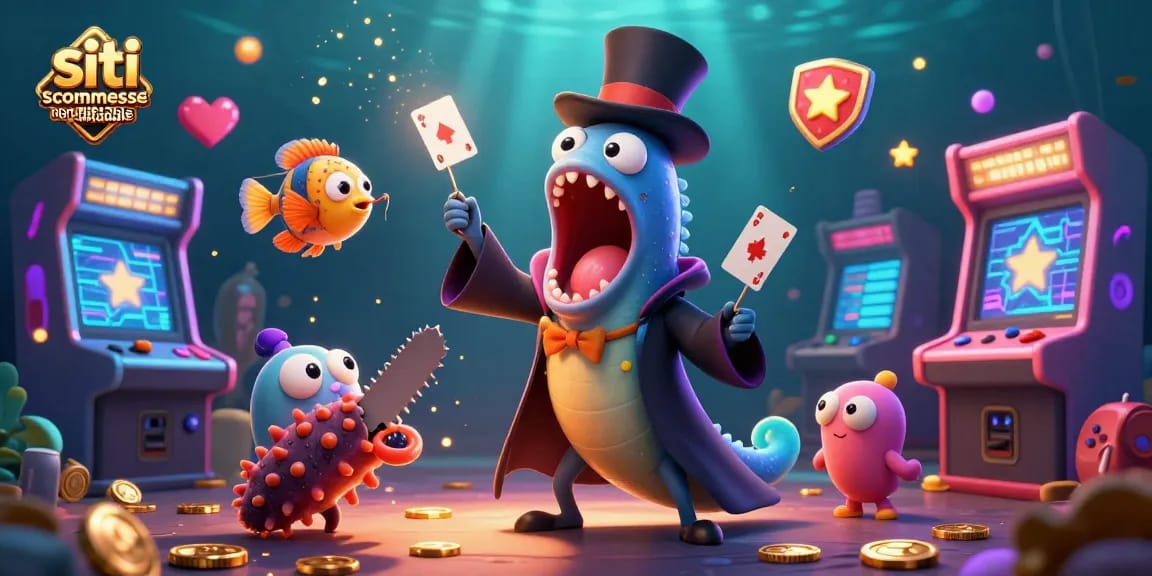 Siti scommesse non aams affidabile: un pesce abissale esegue trucchi di magia tra macchine da gioco scintillanti.