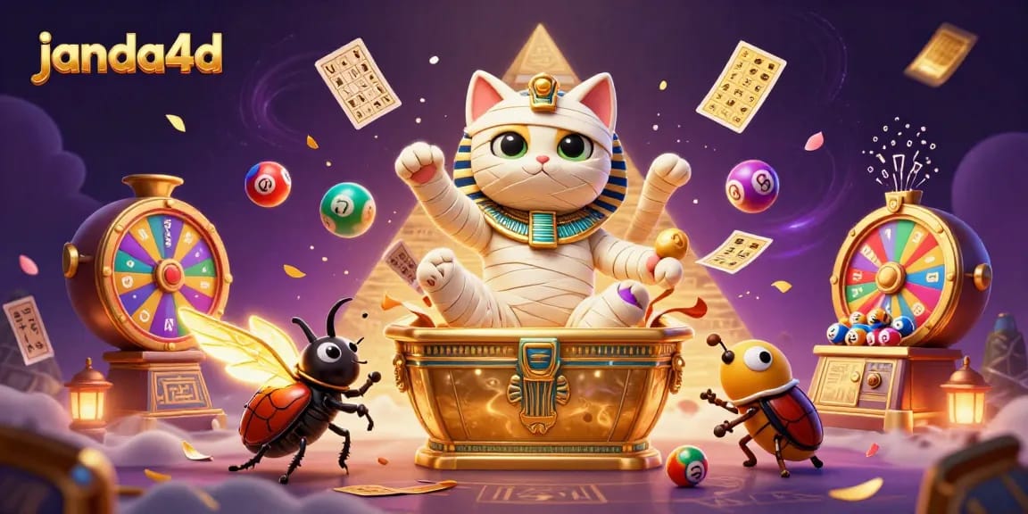 Menggandakan keberuntungan di janda4d dengan karakter kucing mumi kartun 3D dan elemen lotere yang memikat.