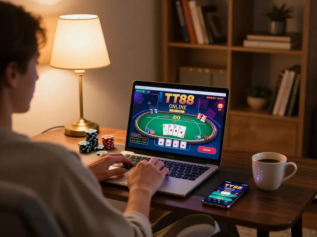 Engaging online casino gameplay on TT88 platform featuring a player using a laptop.