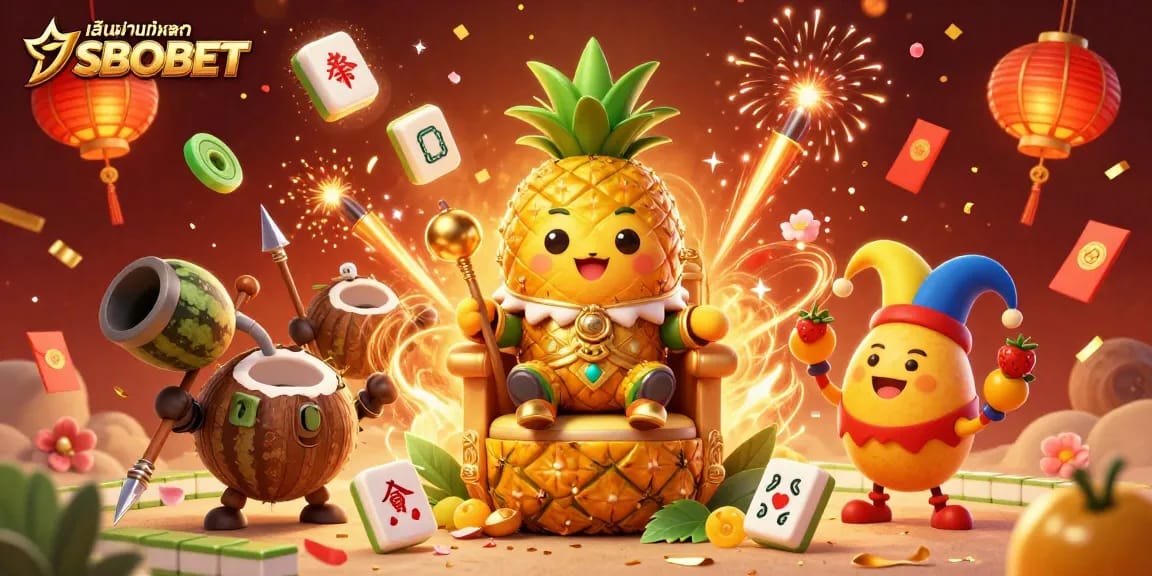 Engage with เล่นผ่านเว็บหลัก SBOBET in a vibrant 3D casino scene featuring a golden pineapple king and playful elements.
