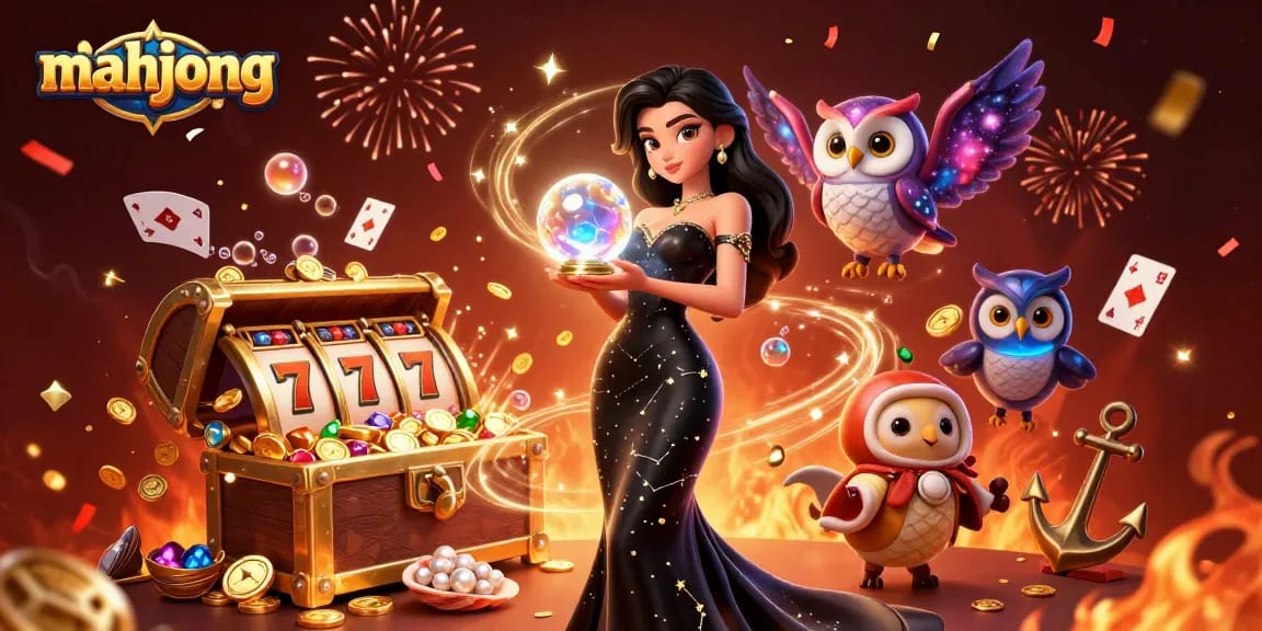 Experience thrilling mahjong action with stunning visuals, slot reels, and colorful gems cascading around.