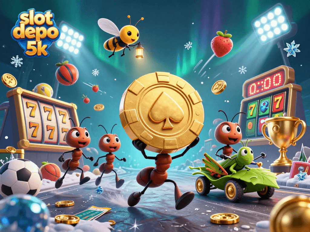 Experience the fun of slot depo 5k with ants heist carrying a giant poker chip in vivid 3D.