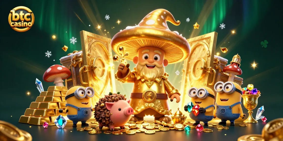 Giocatori incantati esplorano un btc casino, tra tesori e magia dorata, in un'illustrazione 3D vivace.