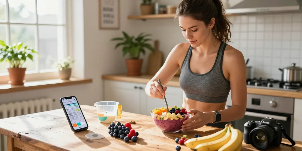Discover the best macro tracking app in action, featuring an active woman preparing a healthy smoothie.