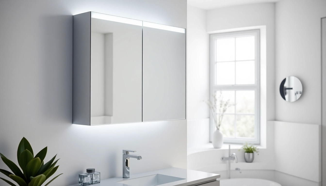 Showcase of a mirrored bathroom cabinet with light featuring modern design and ambient illumination.