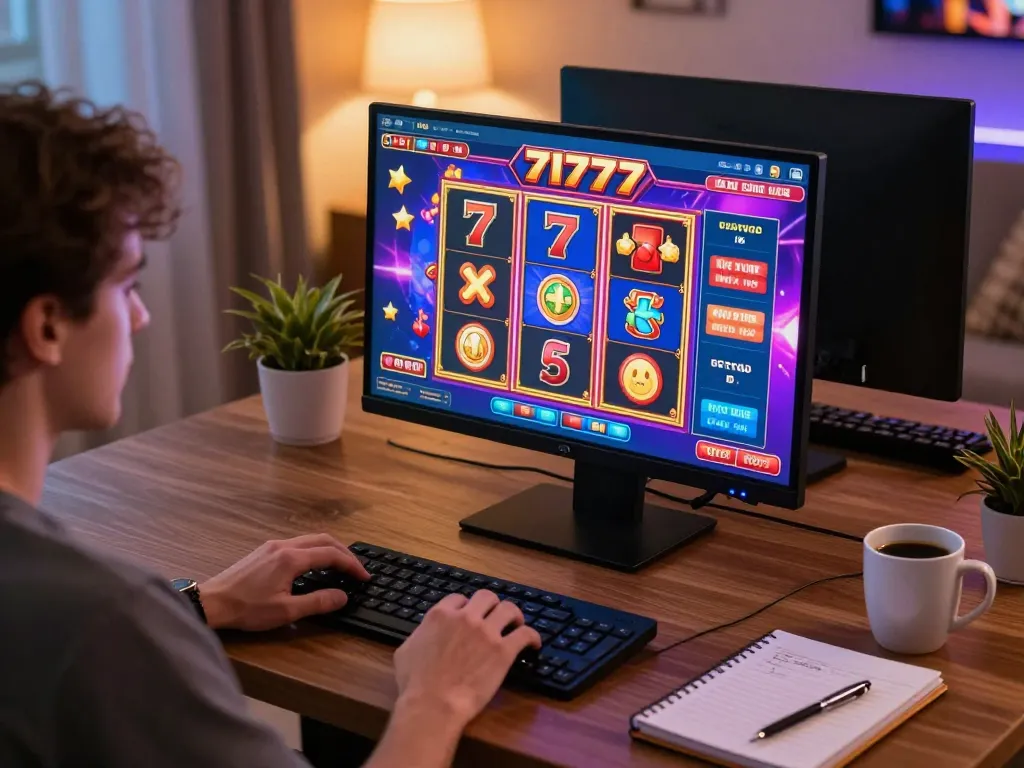 Playing slot777 game on a computer at home, showcasing engaging gaming atmosphere.