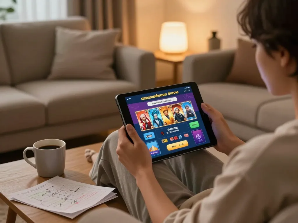 Engaging in สล็อตทดลอง gameplay on a cozy tablet setup in a stylish living room.