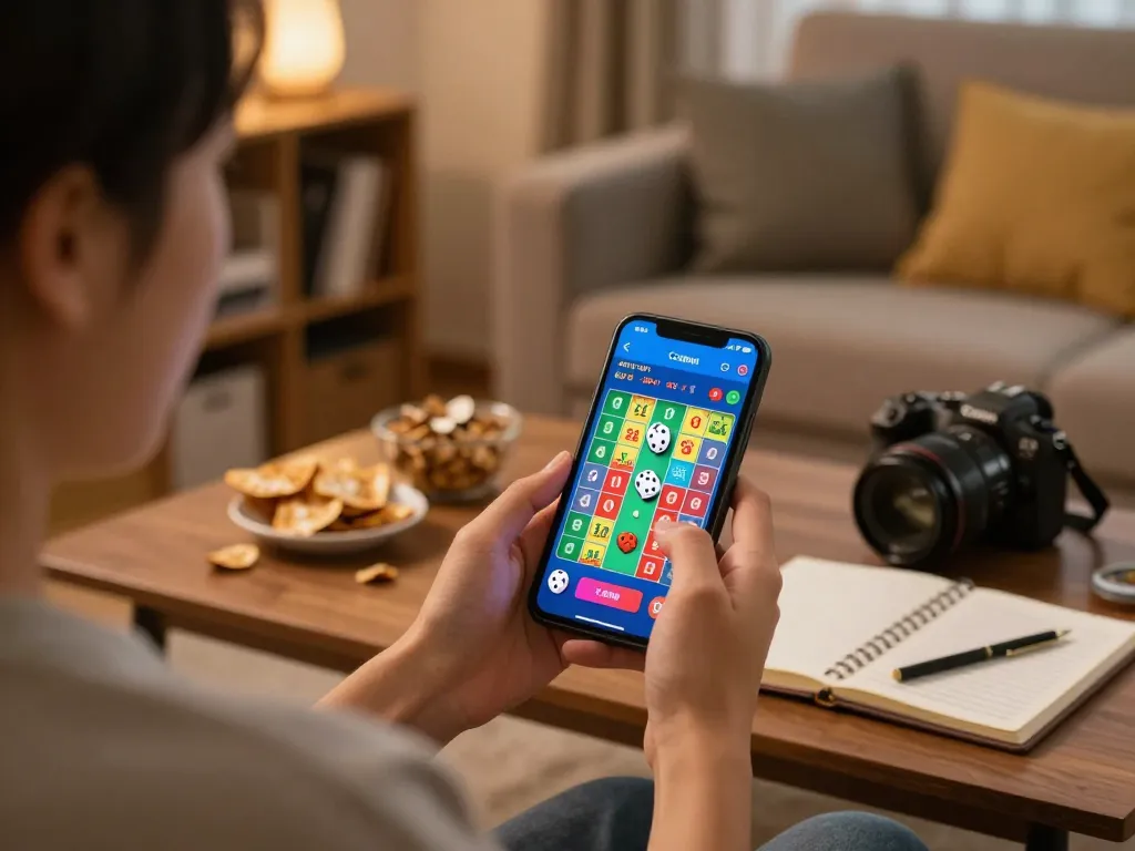 Engaged user playing app tài xỉu online uy tín on smartphone in a cozy living room.