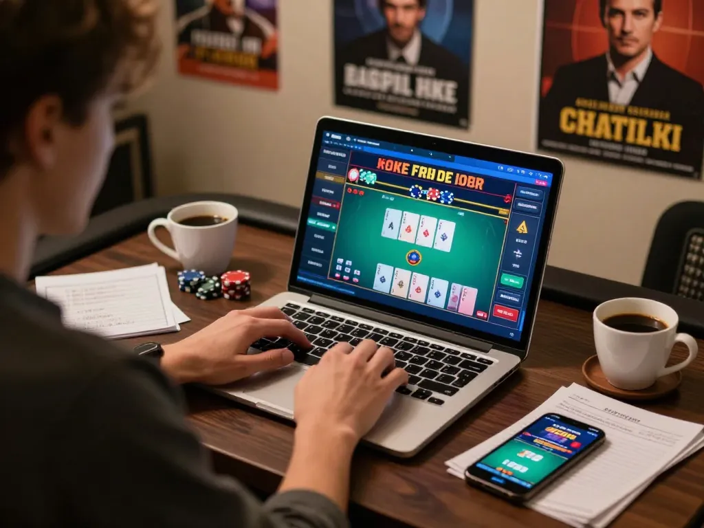 Enjoying Poker Online with a laptop and strategy notes at a stylish desk.