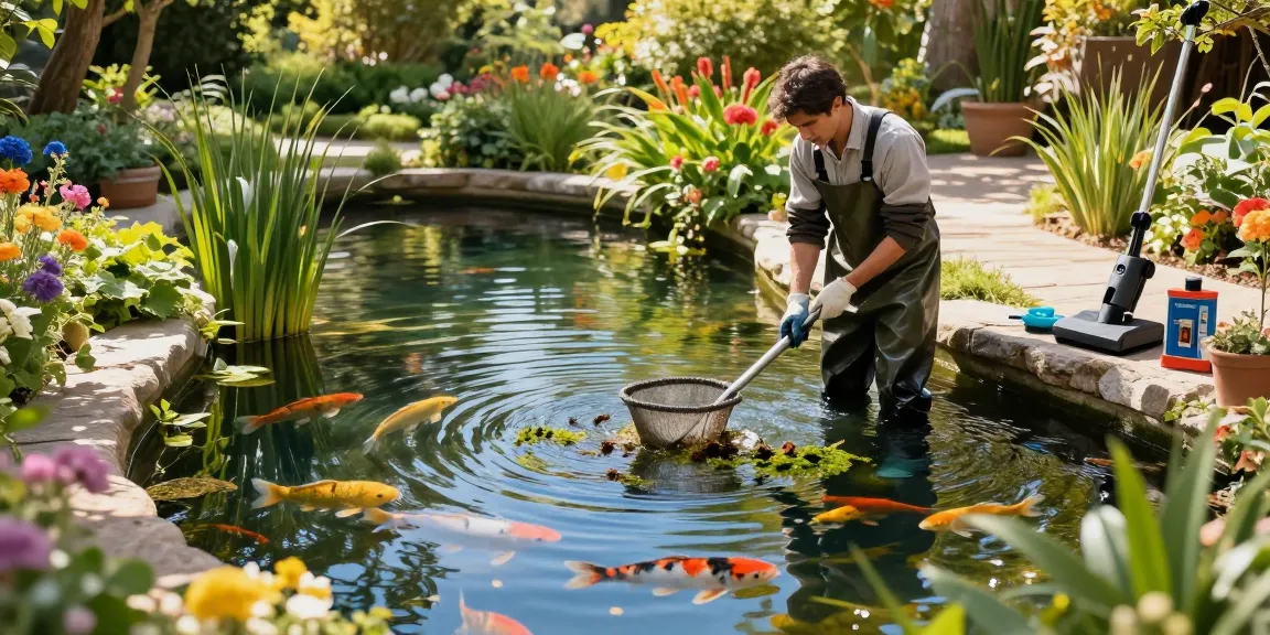 Professional Pond Cleaning Kent showcased by a technician maintaining a lush garden pond, ensuring water clarity and health.