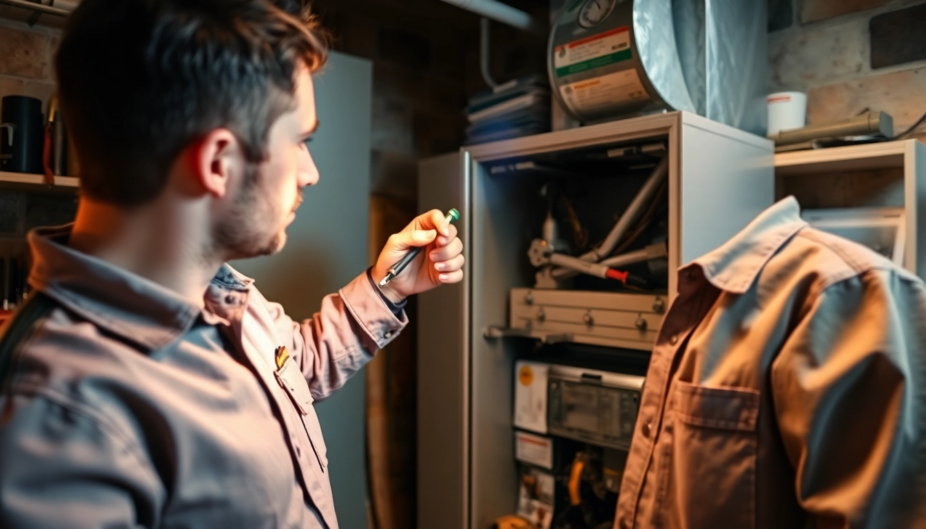 HVAC technician performing furnace repair near me in residential setting.