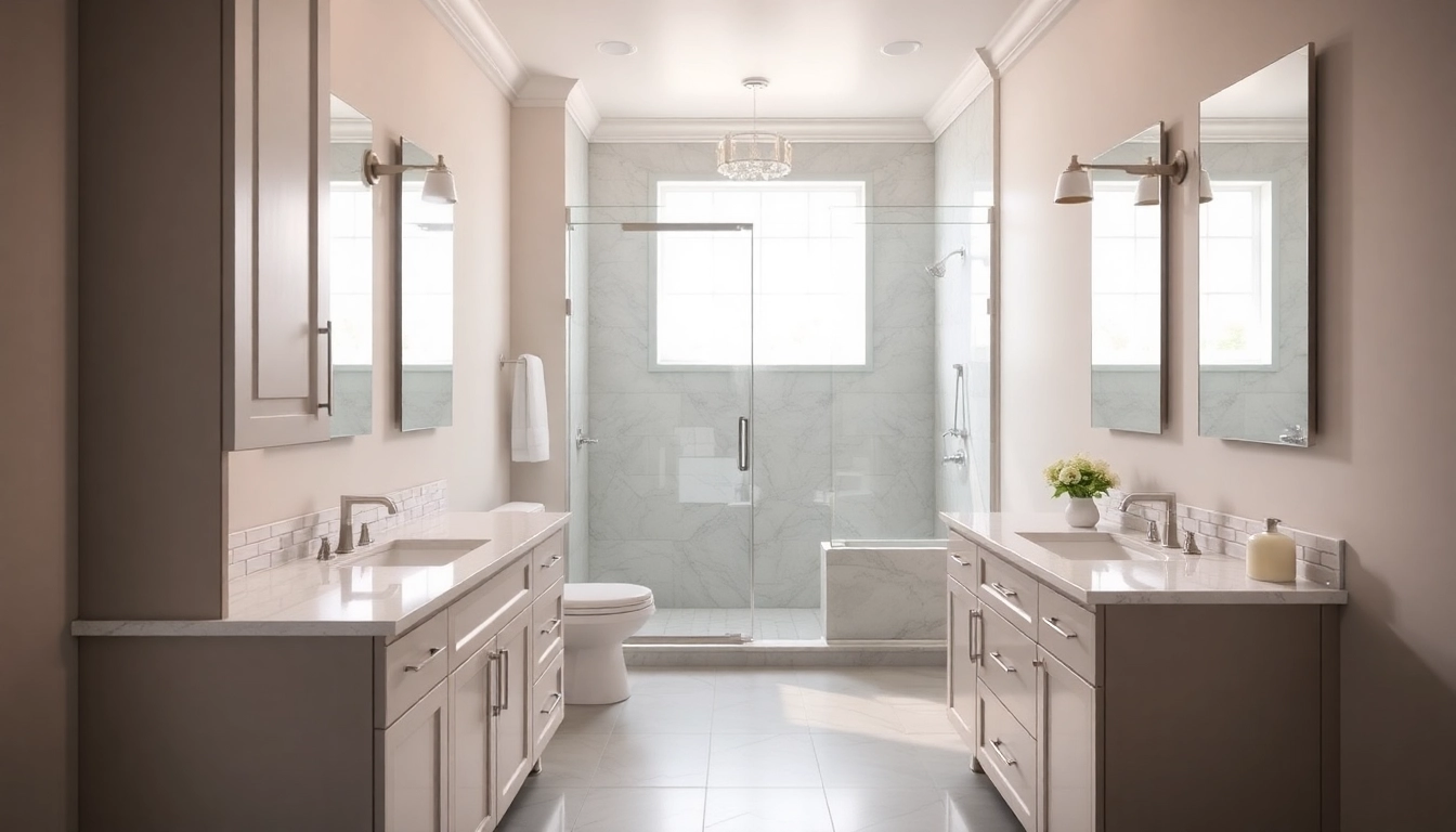 Skilled bathroom remodelers working in a modern bathroom renovation with elegant fixtures.