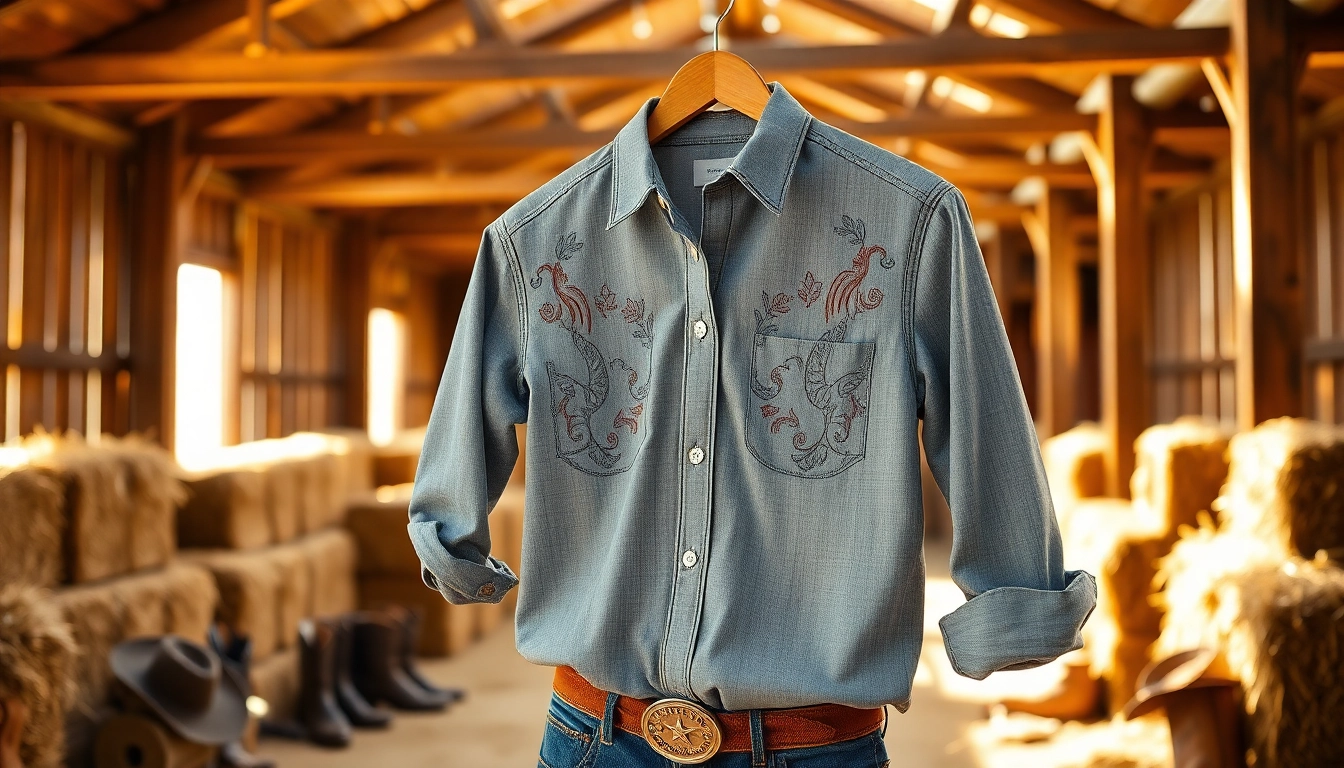 Showcase of a cowboy shirt Canada with intricate details in a rustic barn setting.