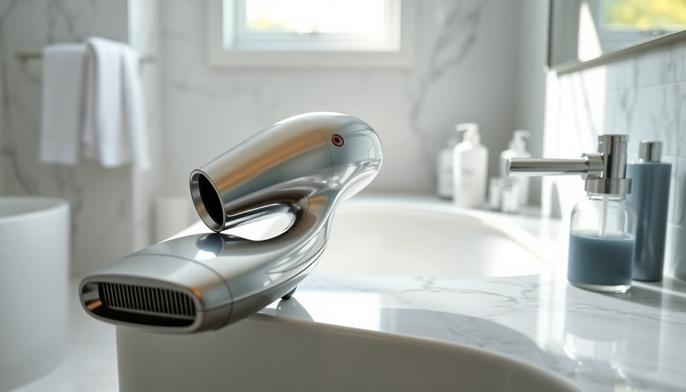 Styling with a hair dryer for fine hair, showcasing its sleek design and shine.