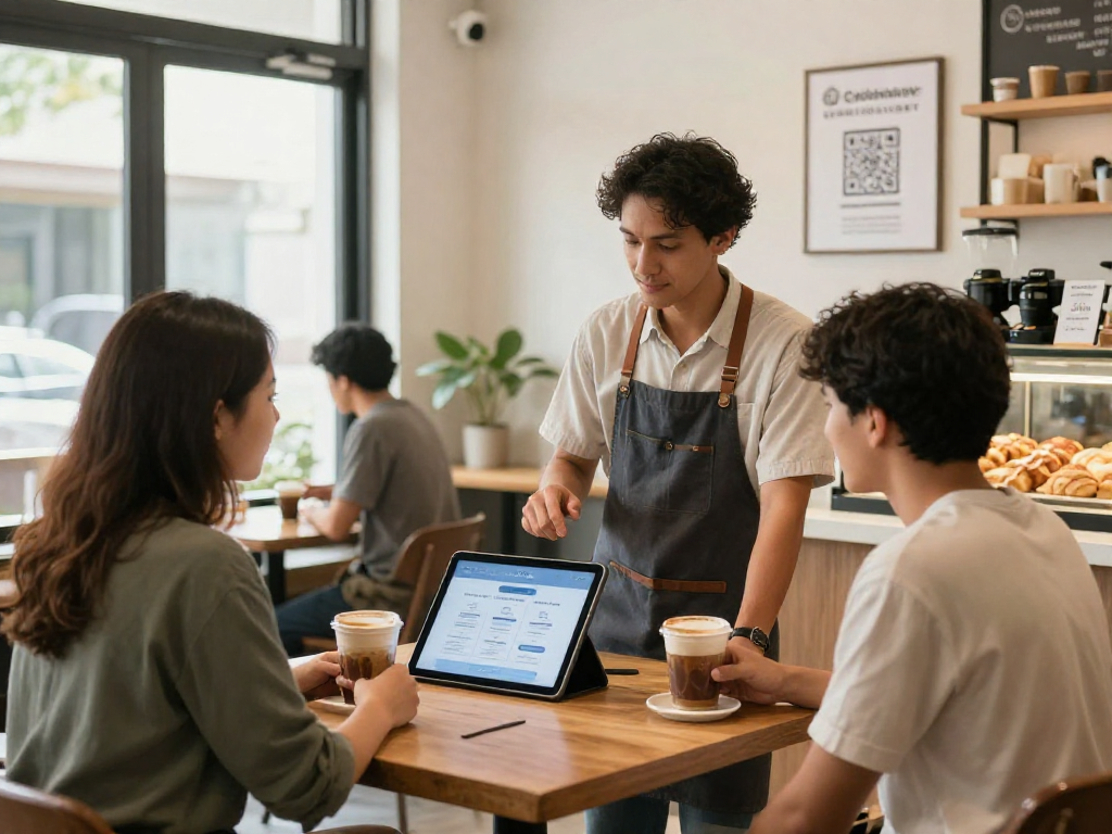 Loyalty application being showcased by a small business owner in a coffee shop, creating a welcoming atmosphere for customer engagement.