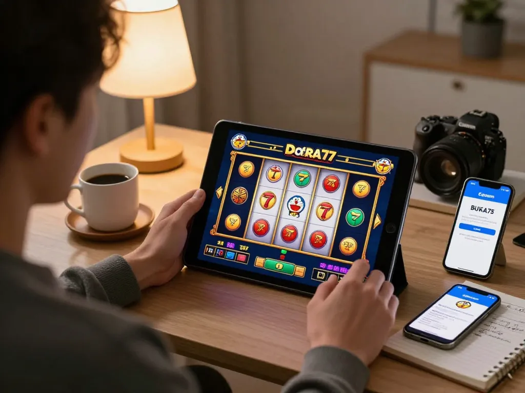 Player using BUKA77 LOGIN to spin reels on a Doremon77 slot game in a cozy home setting.