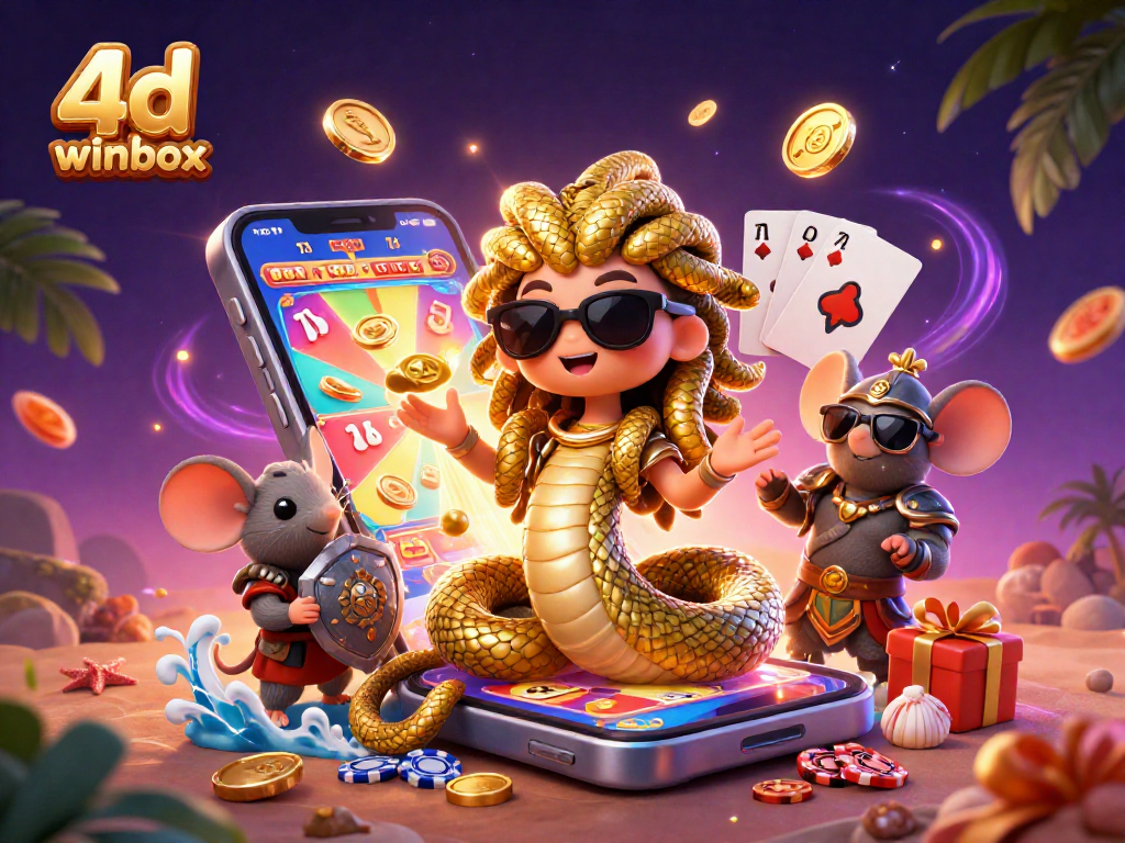 Experience vibrant 4d winbox lottery excitement with Medusa and a warrior, in a dynamic casino scene.