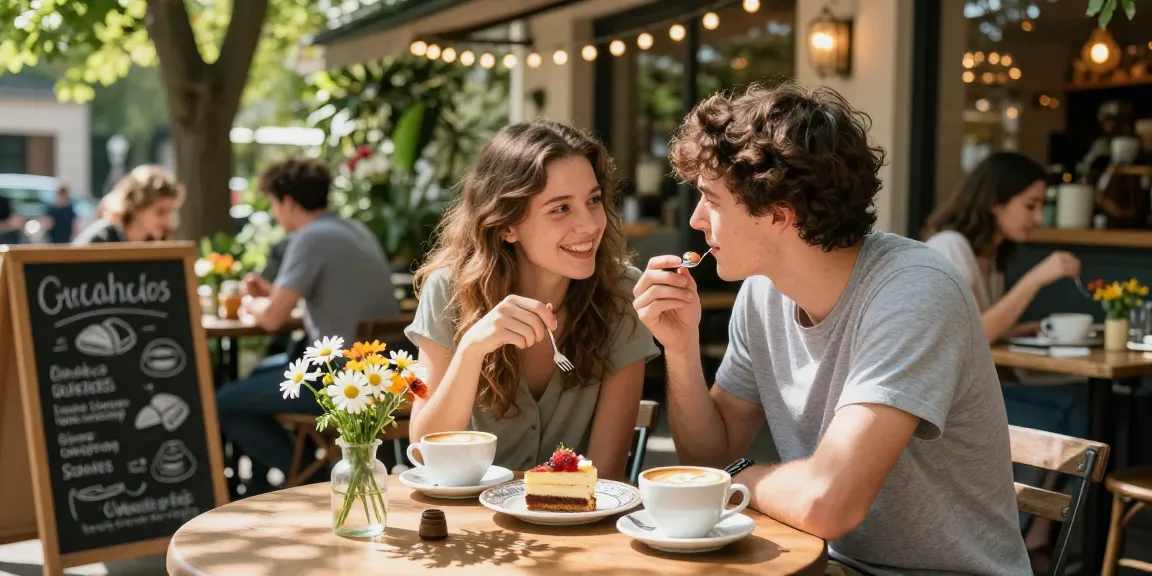 Young couple at a café enjoying dessert and coffee while sharing a crush on each other.