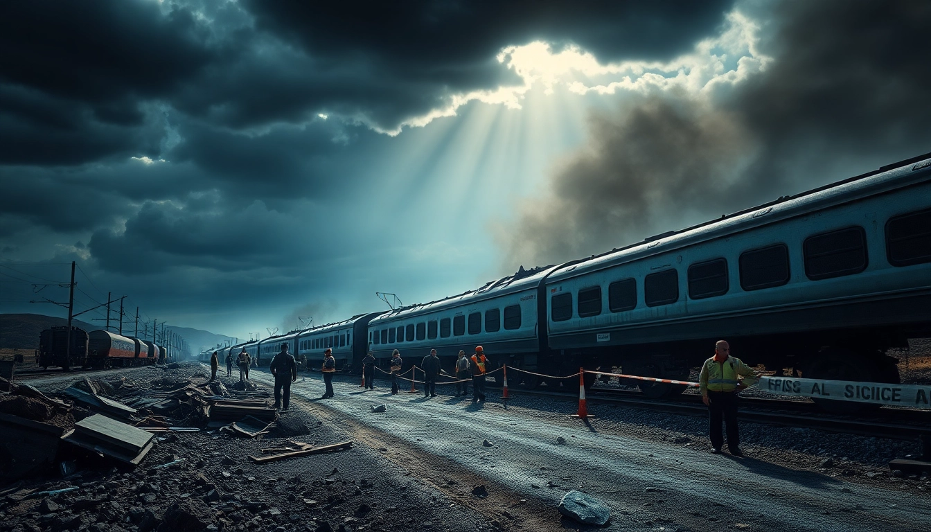 Spain train crash wreckage scene with responders working amidst debris and smoke.