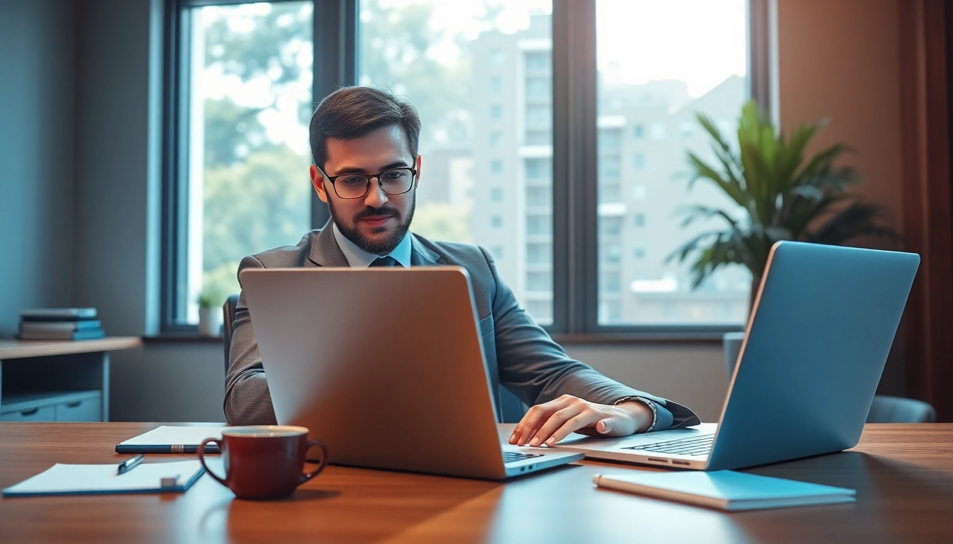 Find verified emails from linkedin as a professional browses LinkedIn on a laptop in a modern office.