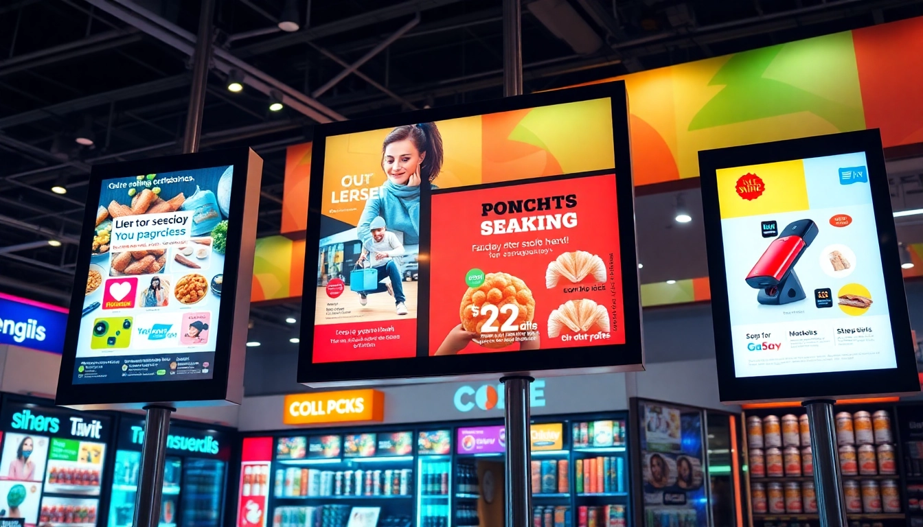 Engaging digital advertising boards illuminating a modern retail space with vibrant visuals and promotions.