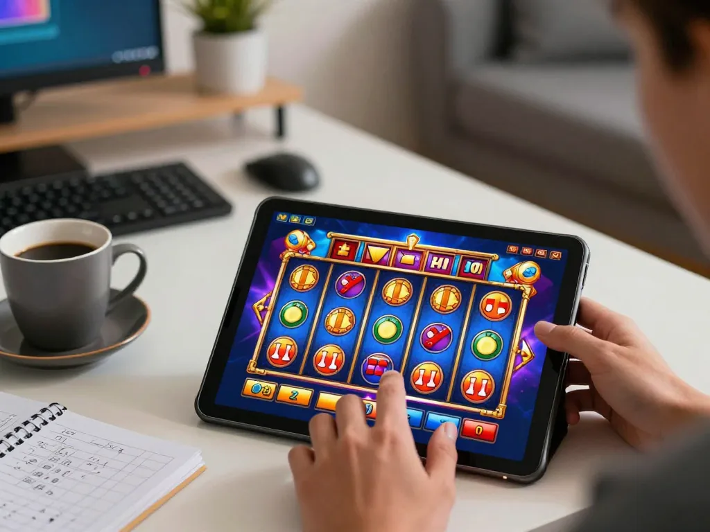 Excited player spinning link slot kamboja reels on a tablet with vibrant graphics in cozy home setting.