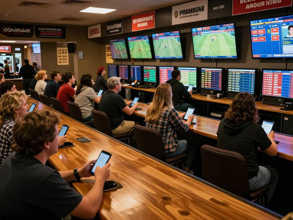 Siti di scommesse stranieri patrons enjoying live sports betting in a vibrant atmosphere, with screens showing ongoing matches.