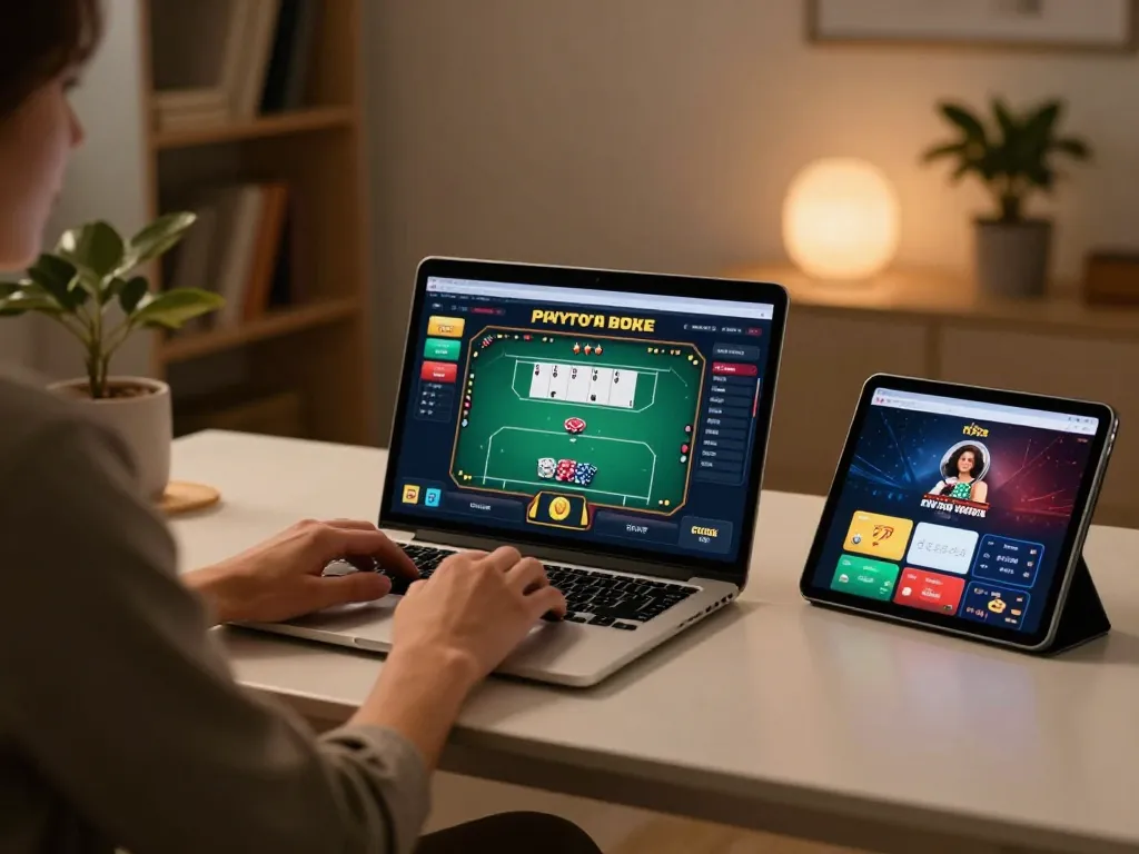 Engaging online gambling session with situs gacor interface on a laptop and cozy home atmosphere